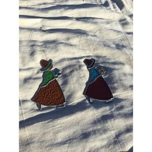 handmade suncatcher ladies pilgrim set of 2 cottagecore yellow red glass garden